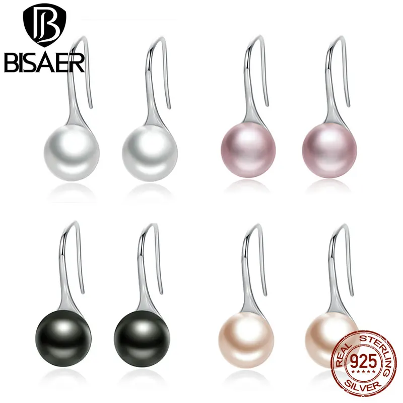 BISAER, 925 пробы, серебряные, элегантные, круглые, розовые, с искусственным жемчугом, серьги для женщин, висячие серьги, Стерлинговое Серебро, хорошее ювелирное изделие
