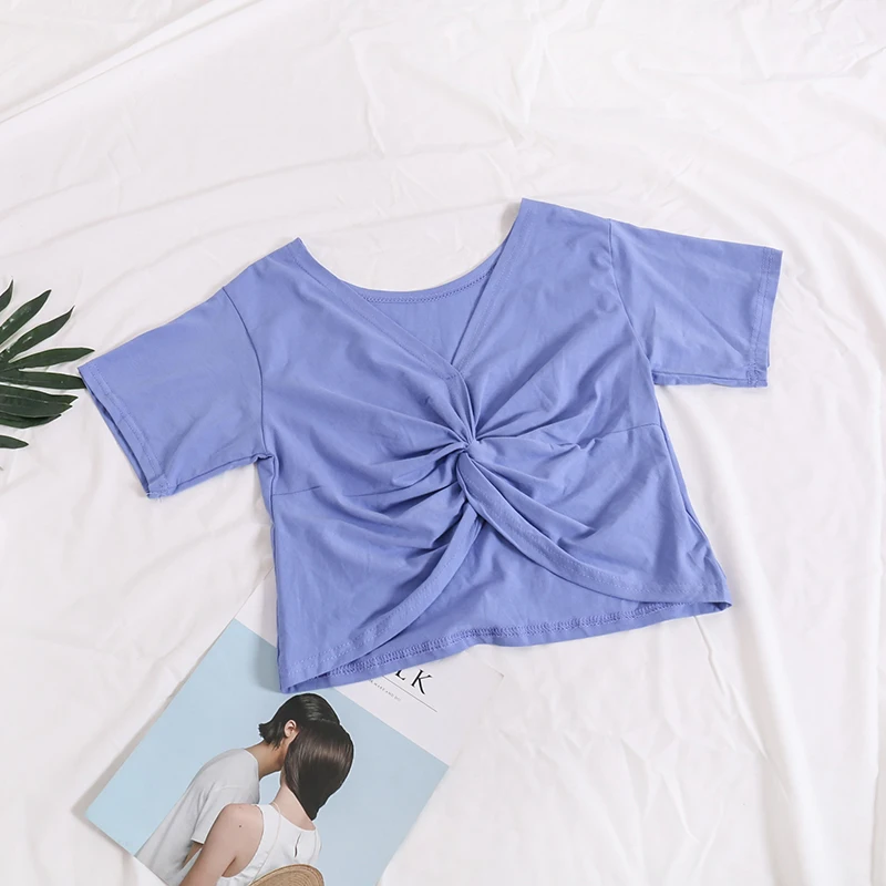 Женская футболка с узлом ALPHALMODA V-образным вырезом однотонная хлопковая