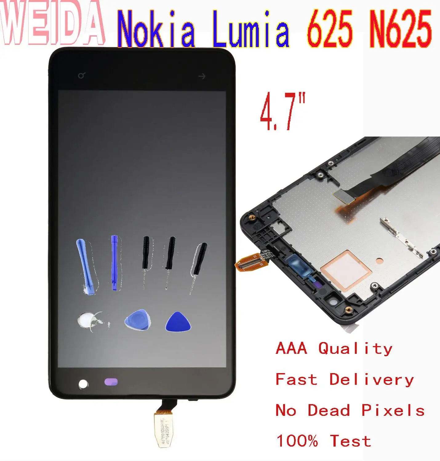 

WEIDA 4.7" For Nokia Lumia 625 N625 LCD Display Touch Screen Digitizer Assembly Frame with Tool RM-941 RM-943