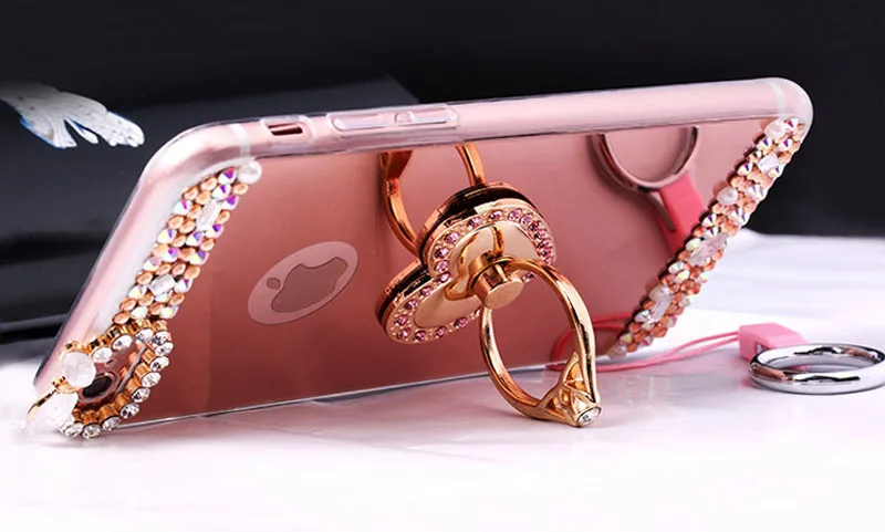 For iPhone 11 Pro XS Max XR X 8 7 6 6s Plus 5 5S SE Diamond Glitter Peacock Heart Finger Ring Holder Mirror Cover |
