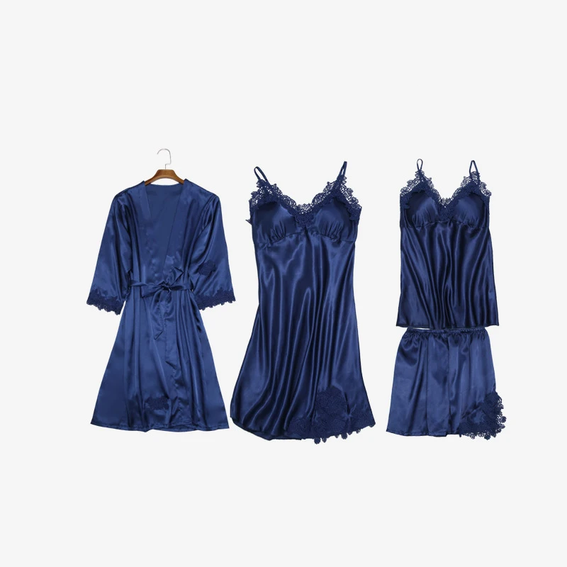 Blue 4 pcs Женские пижамные комплекты из 5 предметов, атласные шелковые полосатые пижамы из вискозы, женские сексуальные кружевные пижамы, комплекты ночного белья без рукавов - Цвет: Blue 4 pcs