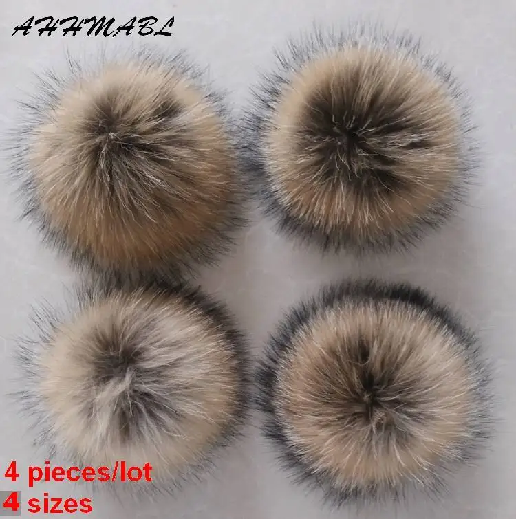 4pcs/Lot DIY Genuine Real Raccoon Fur Pompom Fur Pom Poms for Women Kids Beanie Hats Caps Big Size Natural Ball 10/12/14/16CM
