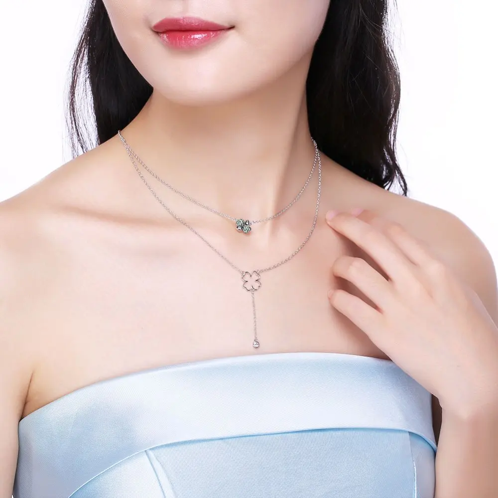 LEKANI Crystals From Swarovski Classic Clover Pendant Necklaces For Women Wedding Gifts 925 Silver Fine Double Chain Choker | Украшения и