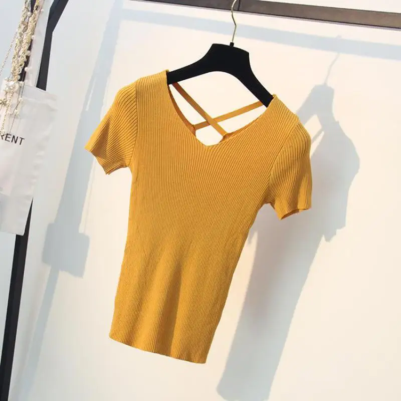 Женские летние вязаные топы с v-образным вырезом и коротким рукавом Свитера