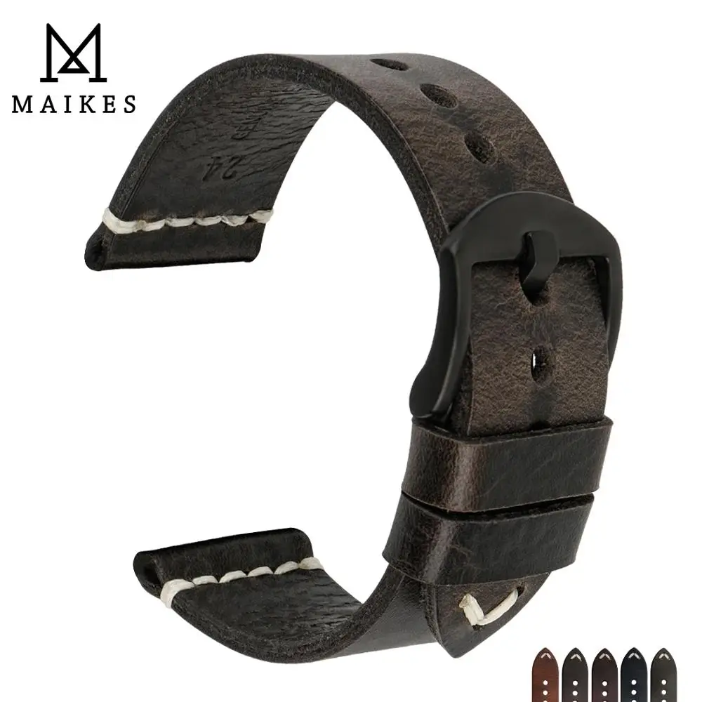 

MAIKES 2020 Latest Designs 20mm 22mm 24mm Black Genuine Leather Watch Band Bracelets Vintage White Arrow Wrist Watch Accessories