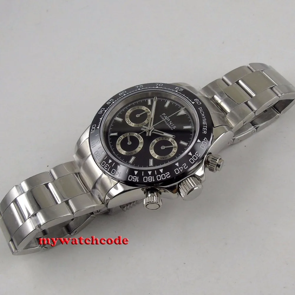 39mm PARNIS black dial sapphire glass cermaic bezel Chronograph quartz mens watch P1178 | Наручные часы