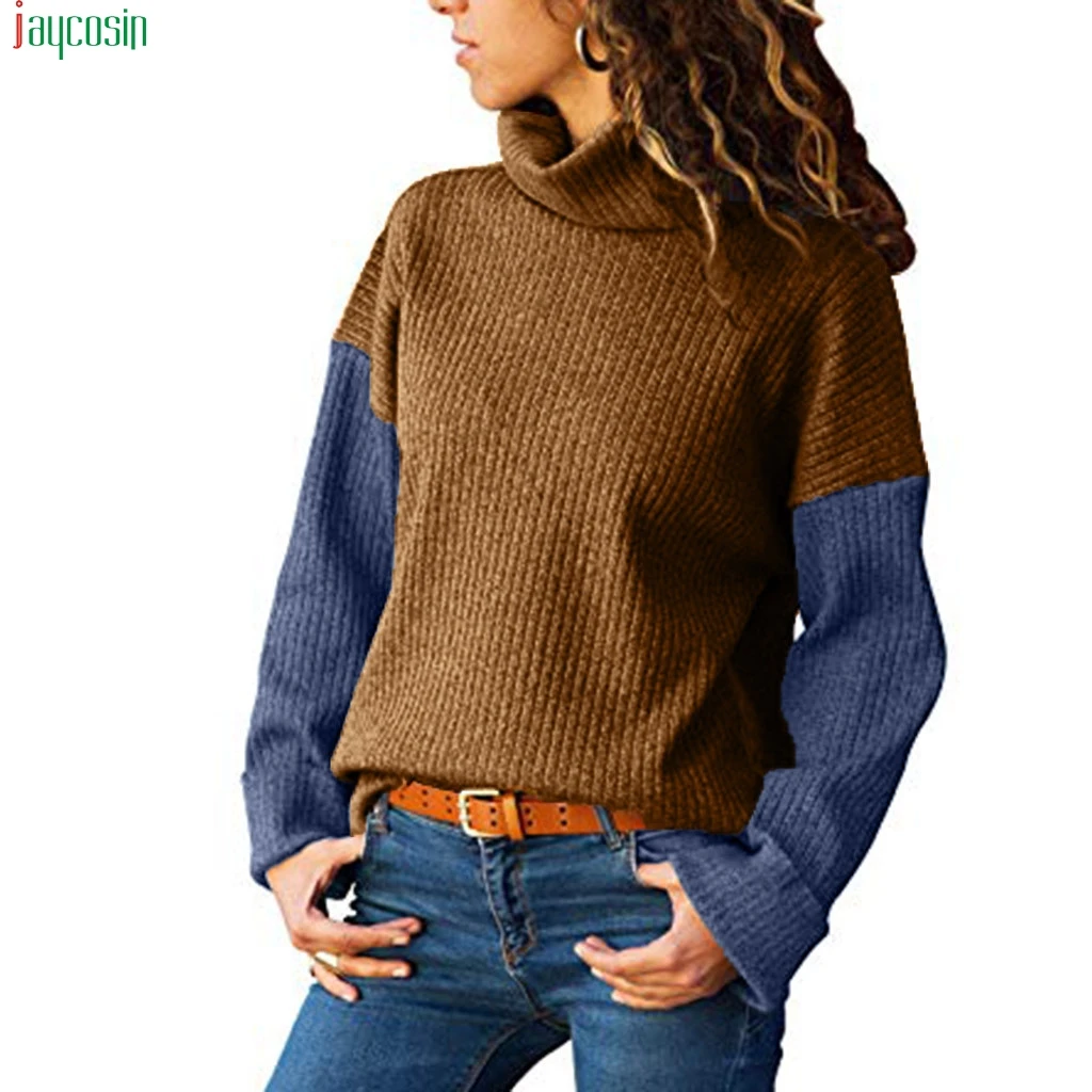 JAYCOSIN 2019 Women's sweater knitted turtleneck Color Matching Long-Sleeved Slim Sweater female Pullover Women hot sale | Женская