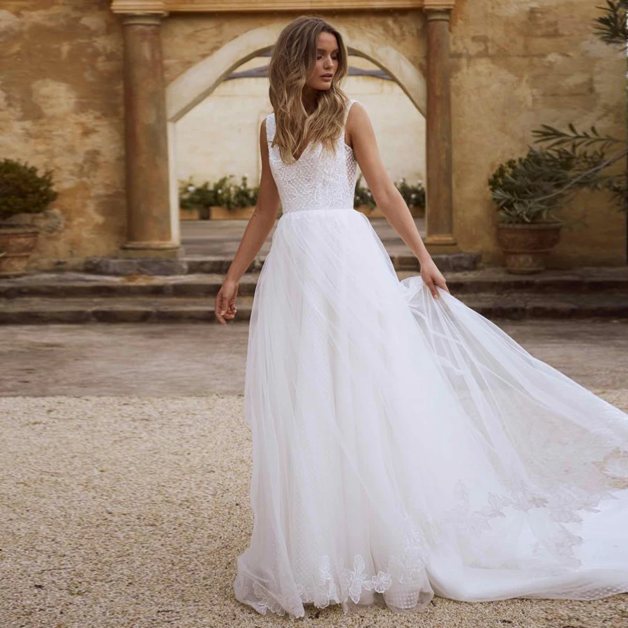 

Classic v-Neck Snow Tulle With Applique a-Line Bridal Gowns Cutout Side V-Back Bridal Dress Vestido De Novia