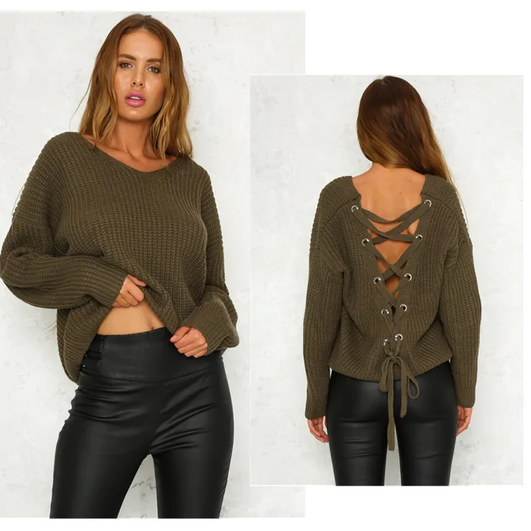 Женский трикотажный пуловер на шнуровке с открытой спиной размеры 1-4 | Женская