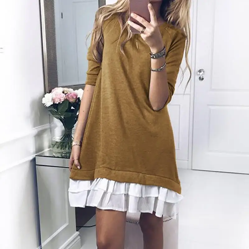 

Spring Casual Loose Dress Women'S Fashion Vestidos Round Neck Long Sleeve Ruffles Mini Party Dress WS4978C