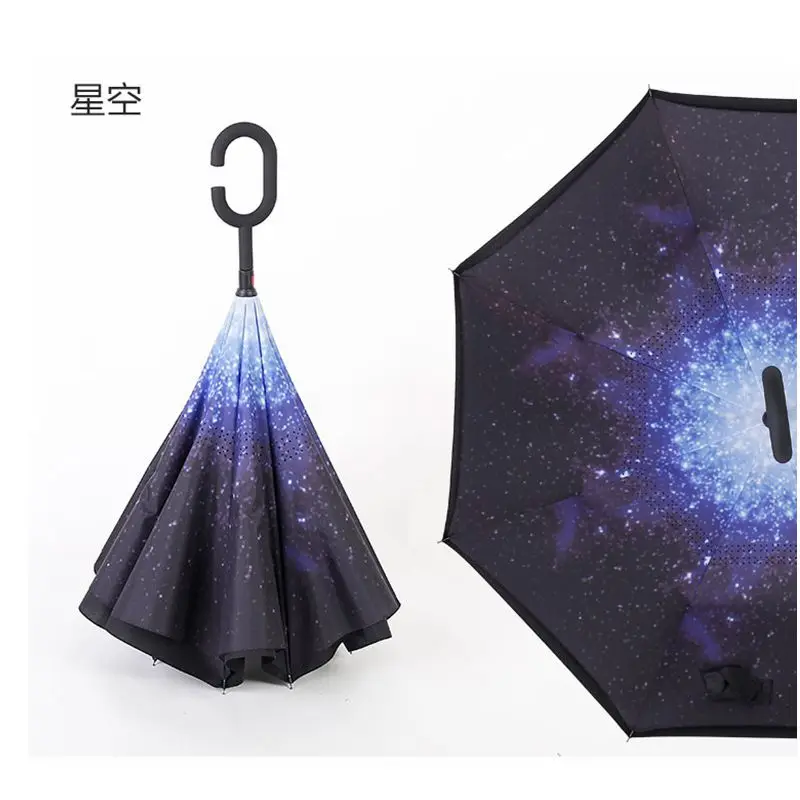 Ветронепроницаемый складной двухслойный перевернутый зонтик с длинной ручкой