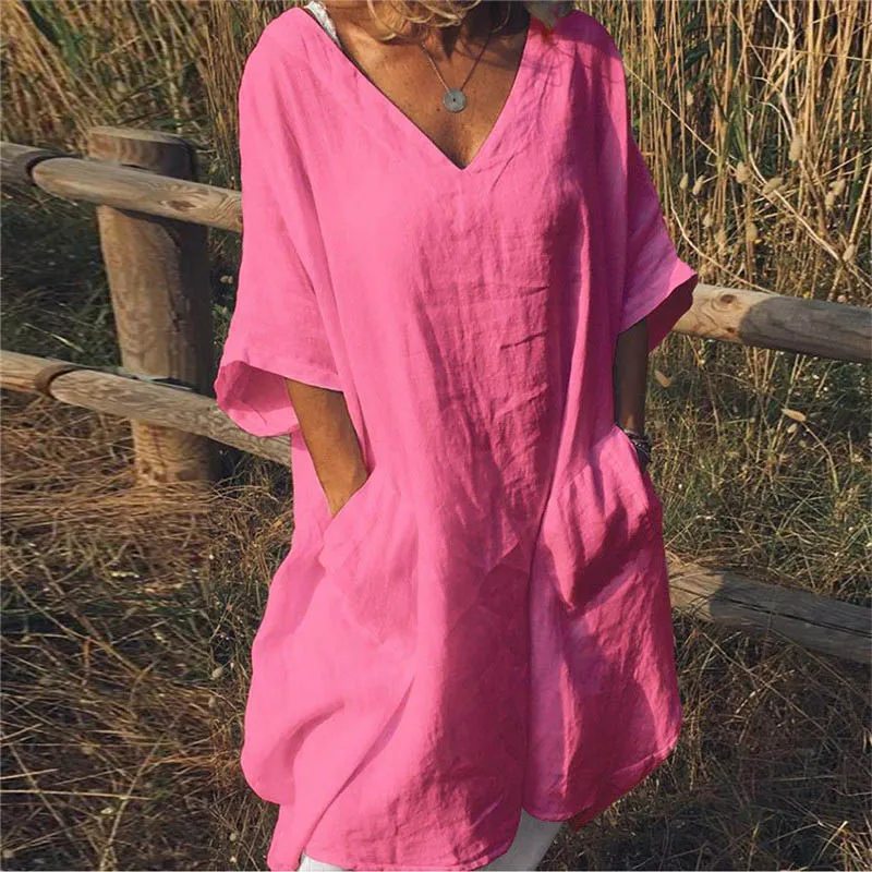 solid pink ELSVIOS размера плюс, новинка, летнее платье из хлопка, женское сексуальное платье с v-образным вырезом, рукавом до локтя, с карманами, для девушек,, повседневное, одноцветное, свободное платье, 5XL - Цвет: solid pink