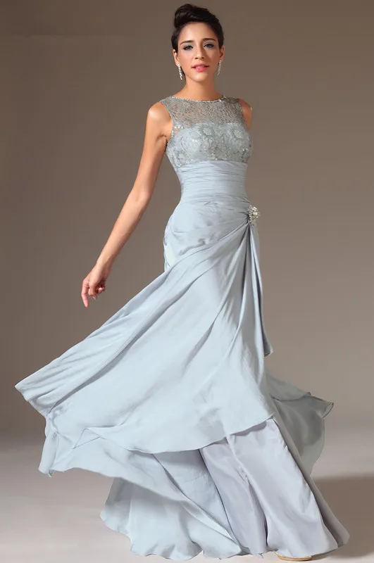 Серебряное Вечернее платье в пол длинное шифоновое кружевное с разрезом