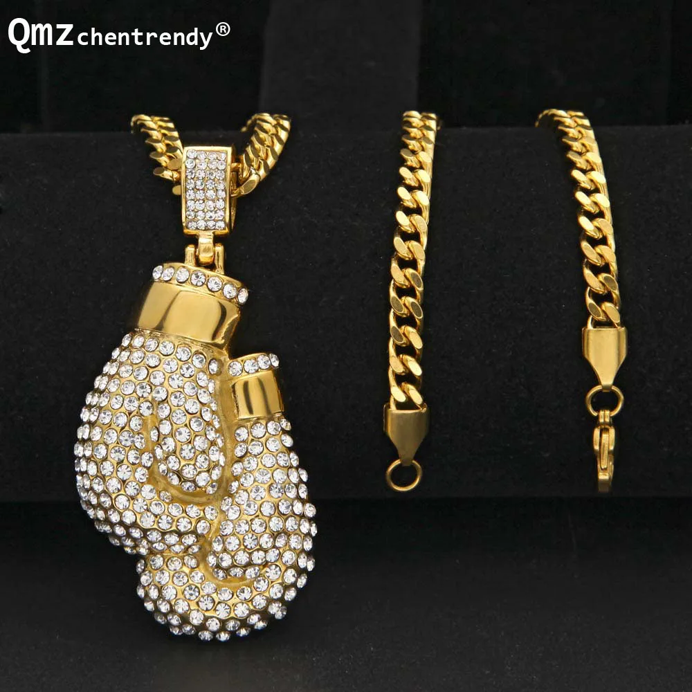 

Хип-хоп из нержавеющей стали мужские побрякушки Iced Out CZ боксерские Подвески в виде перчаток 5 мм кубинская цепь Спортивное ожерелье для мужч...