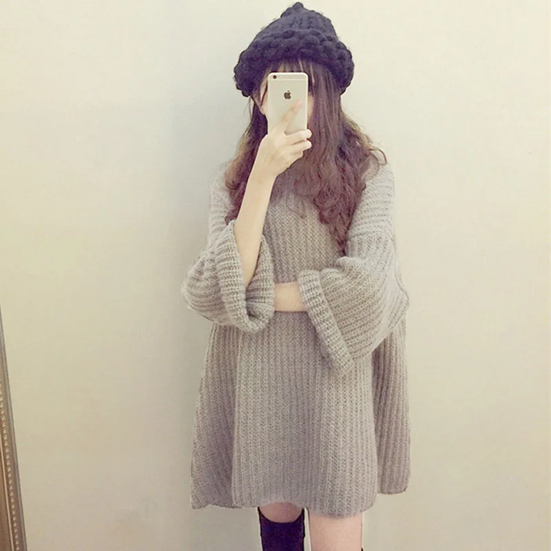 Зимние женские свитера 2018 Длинные пуловеры свободные рукав летучая мышь вязаный