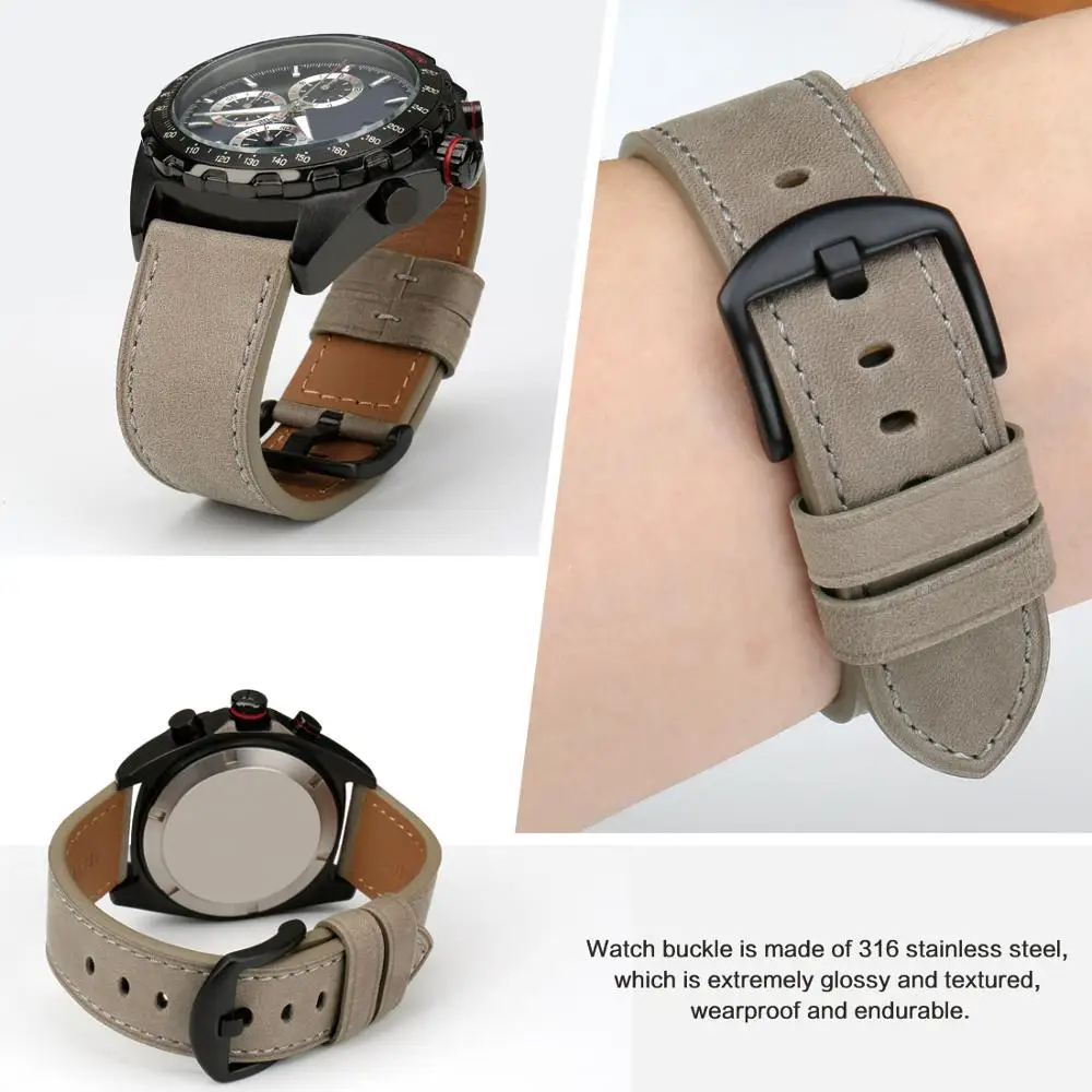 MAIKES Genuine Leather luxury Gray Watchband Watch Accessories Watch Strap 22mm 24mm Bracelet Watch band Watchband For fossil