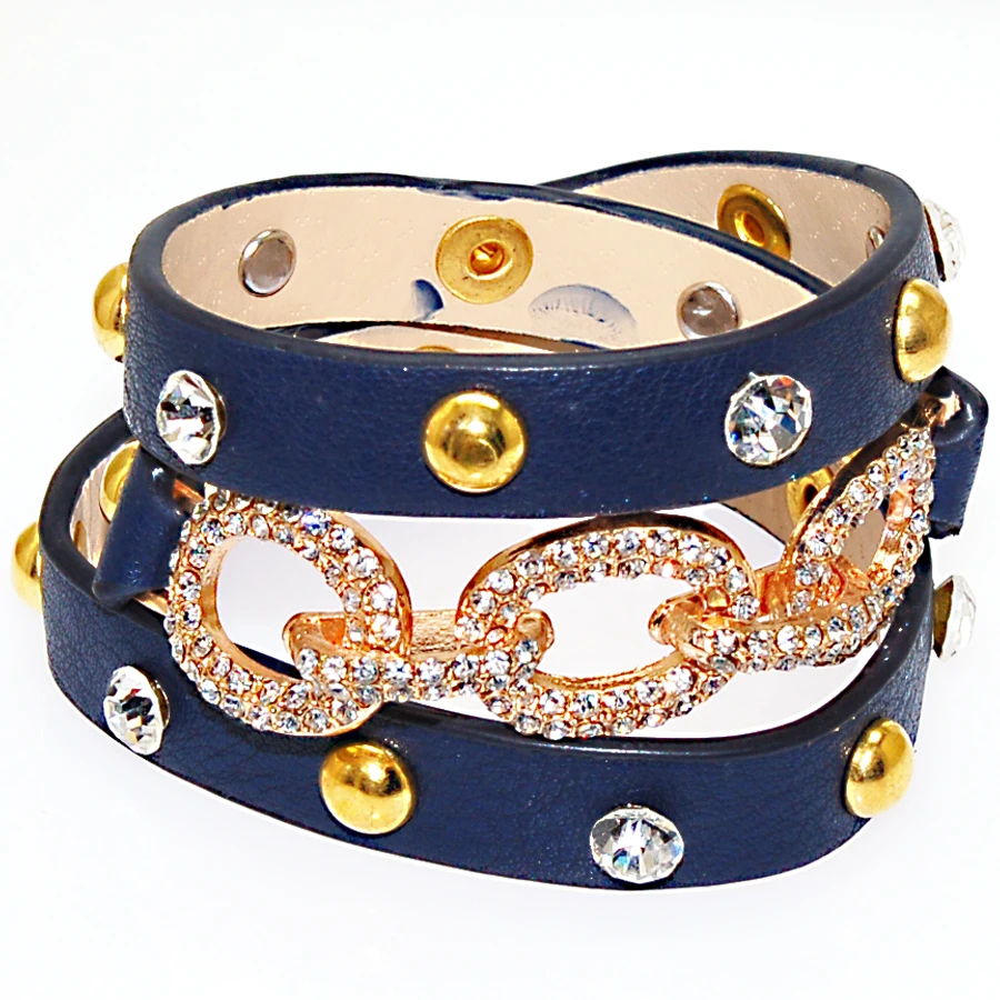 Двойной браслет с кристаллами и фианитами из ПУ кожи|wrap leather bracelet|double wrap braceletwrap