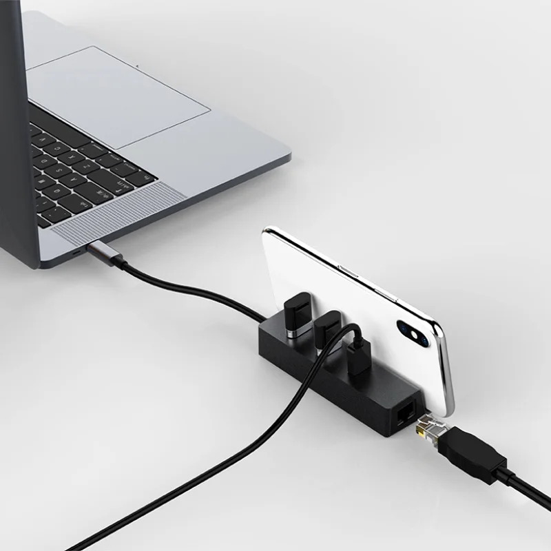 YUNCLOUD USB Type-C 3.1 with 3 3.0 Ports RJ45 Gigabit Ethernet LAN Splitter Adapter Type C Hub For Macbook With Phone Holder | Компьютеры