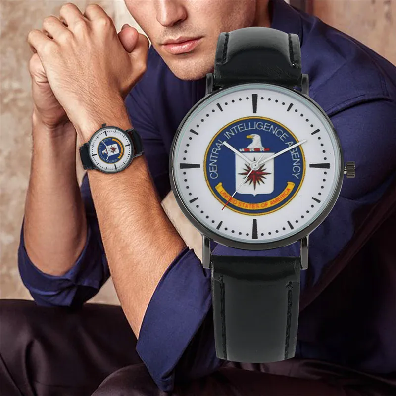 YISUYA Quartz Mens Watch CIA Logo Dial Leather Band Wristwatch Male Clock Watches 2 Colors Fashion Gifts horloges mannen