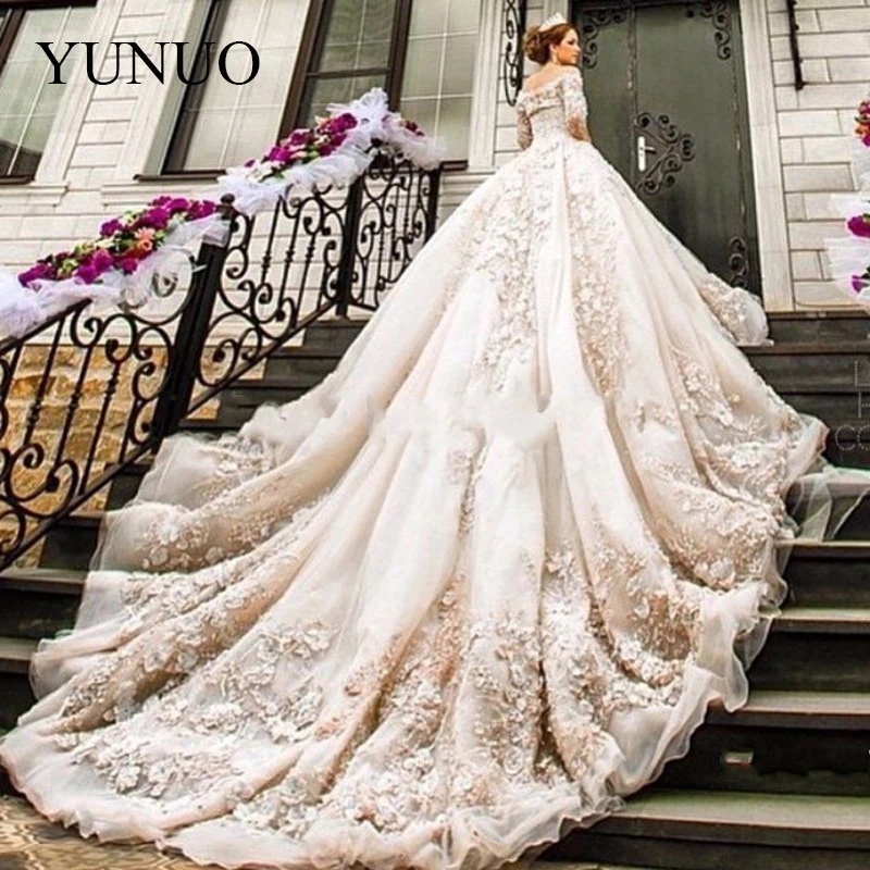 YuNuo Новые свадебные платья 2019 Роскошные соборный Королевский Шлейф кружево Vestido De