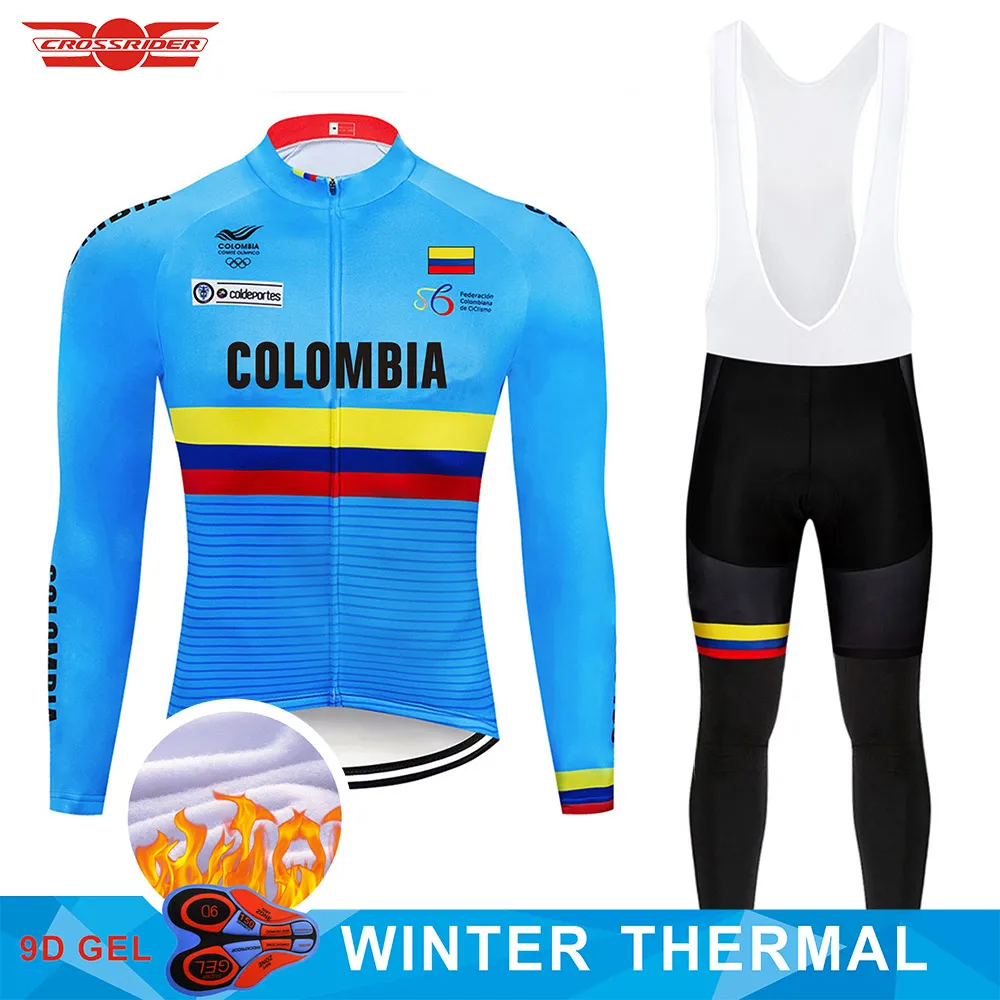 Комплект велосипедных штанов 9D Pad Pro Team Colombia Зимняя Теплая Флисовая одежда для
