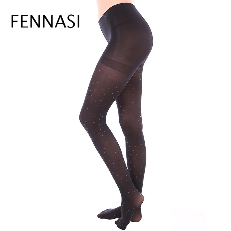 Женские жаккардовые нейлоновые колготки FENNASI черные в горошек с цветочным