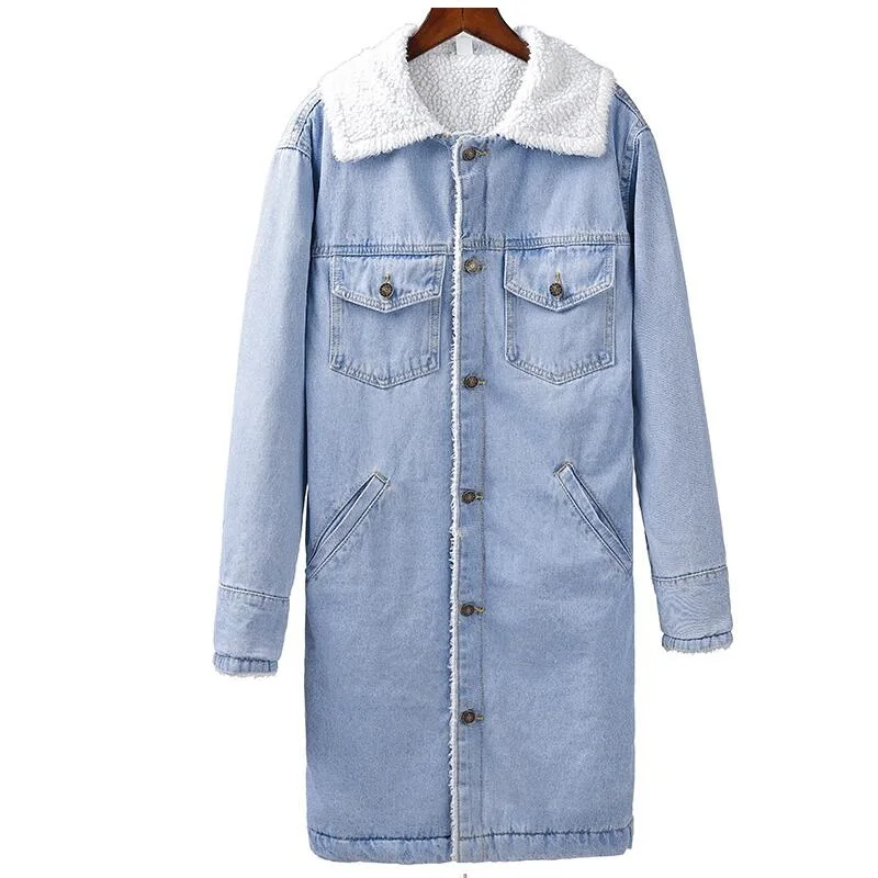 Женское длинное шерстяное пальто Корейская джинсовая шерстяная куртка с теплым