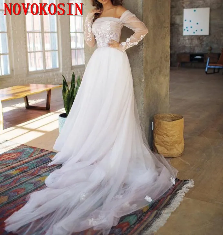 2019 Sexy Off Shoulder A Line Wedding Dresses With Long sleeves Plus Size Summer Beach White Tulle Appliqued Bridal gown | Свадьбы и