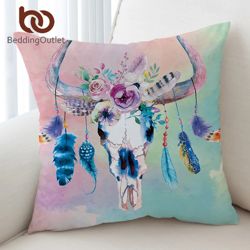 BeddingOutlet череп подушка с перьями крышка акварель Boho Подушка Чехол цветочным