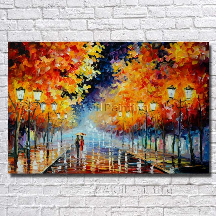 

Picture Handpainted Modern Art Beautiful Night Tree Street Scenery Palette Knife No Framed Oil Painting on Canvas Home Decor