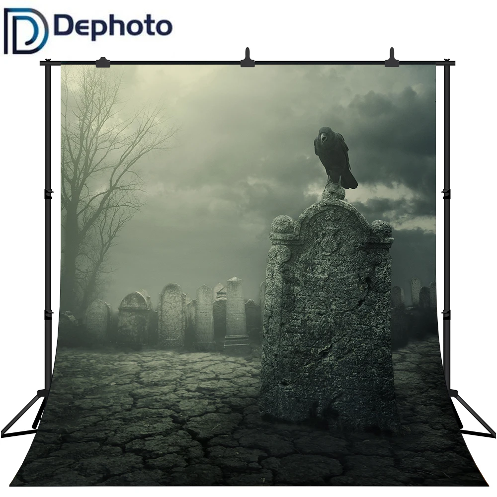 Dephoto Хэллоуин фон кладбище черная ворона пасмурное небо фотография Фон ужас ночь