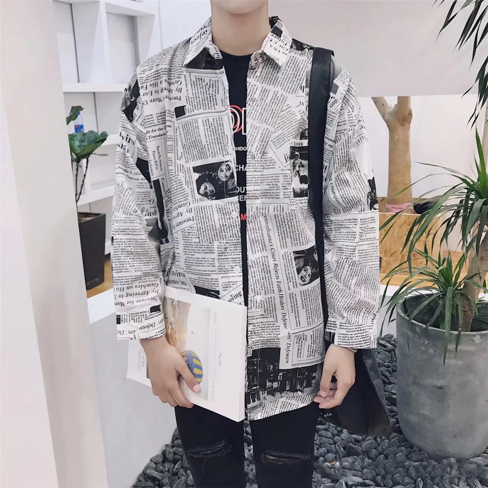

Slim Fit Men Shirts Tops Boy Fashion Splicing Spring Square Neck Daily Long Sleeve Male Clothes Newspaper Printing Casual
