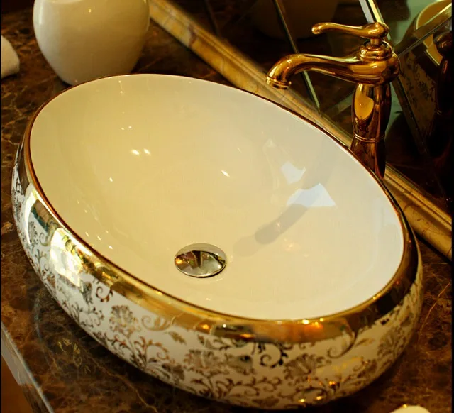 

Oval Bathroom Lavabo Ceramic Counter Top Wash Basin Cloakroom Hand Painted Vessel Sink 5051
