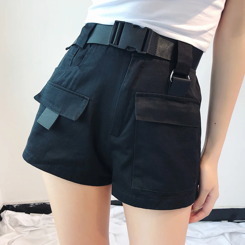 

2019 Elastic high waist shorts for women black summer belt shorts vintage sexy cotton biker pocket shorts feminino plus size