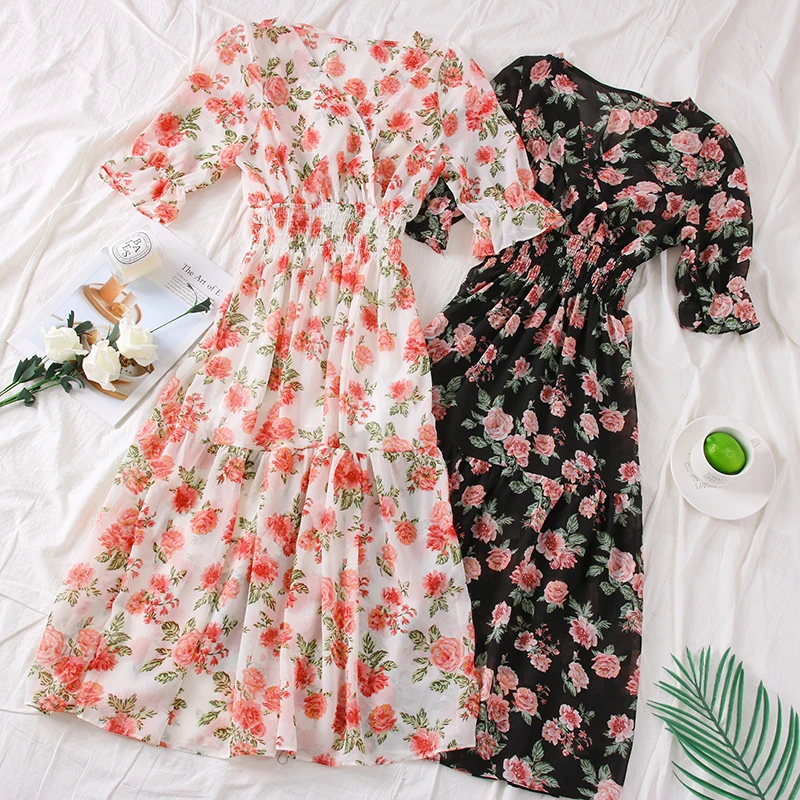 Женское шифоновое платье с оборками элегантное цветочным принтом на талии в