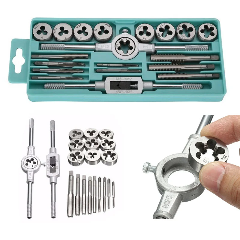 20PCS Jewii 10/20 шт наёмите набора пресс-форм, M3-M12 Резьбовая Метрическая кран гаечный ключ умирает DIY комплект ключ, дюймовый стандарт винтовой резьбы ручной инструмент сплав металла - Цвет: 20PCS