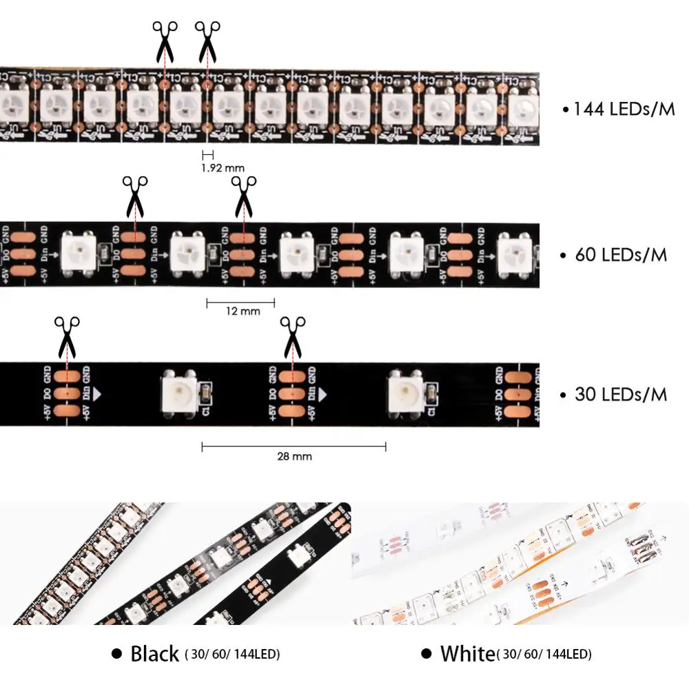WS2812B LED Strip DC 5V 30/60/144 LEDs RGB Smart Addressable Pixel Black White PCB WS2812 IC 50CM 1M 2M 3M 4M 5M 17Key Bar KTV | Лампы и