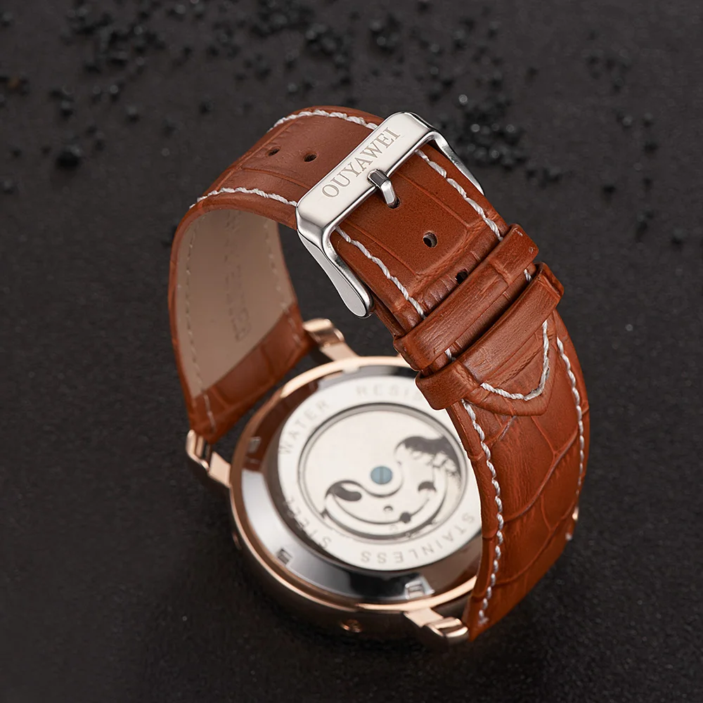 Механические часы OUYAWEI Skeleton Tourbillon мужские автоматические классические розовое