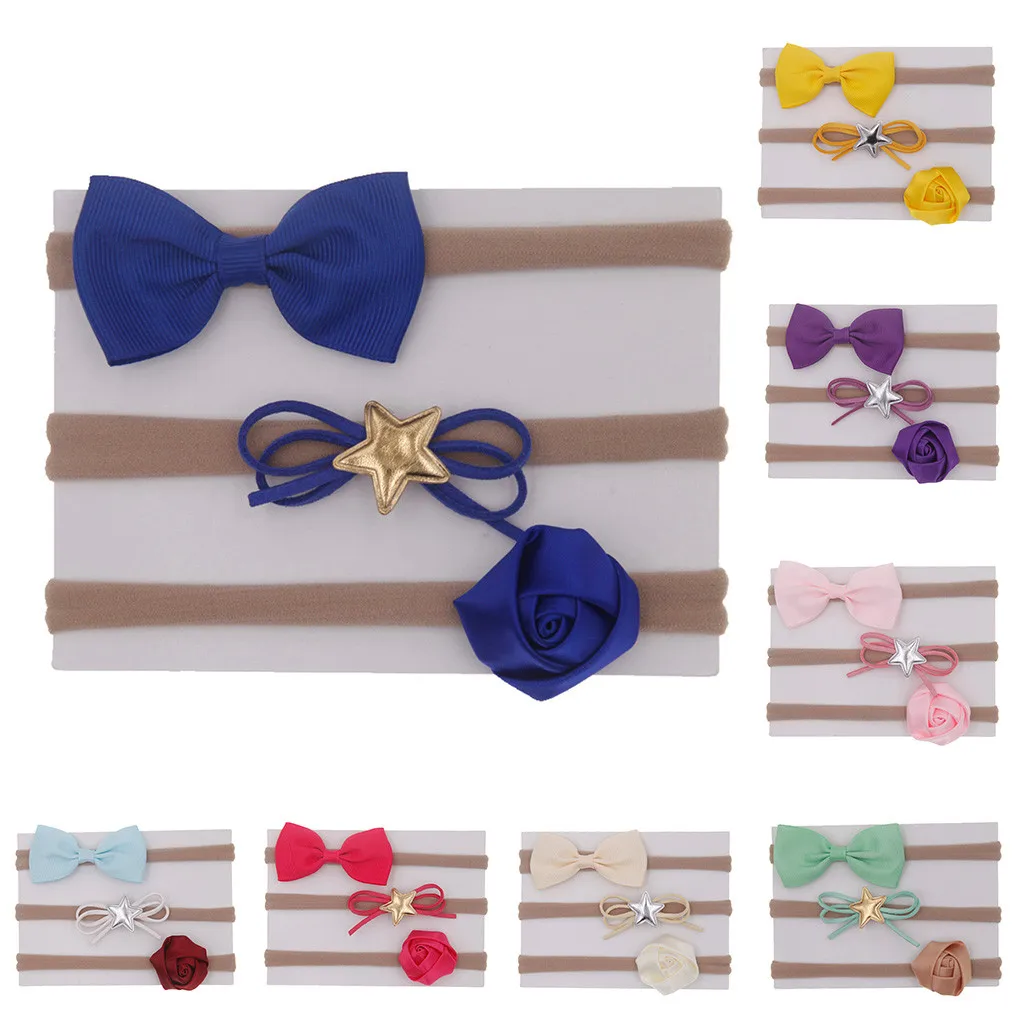 

Nishine 3pcs/lot Baby Girls Hairbands Rose Flowers Kids Infant Diy Bow Knot Headbands Children Girl Hair Accessories Set