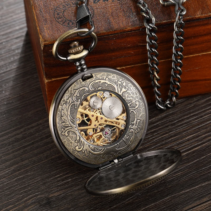 Vintage Deer Motif Hollow Hand-winding Pocket Watch Mechanical Double Cover Fob Chain Necklace Watches Steampunk Bronze Pendent | Наручные