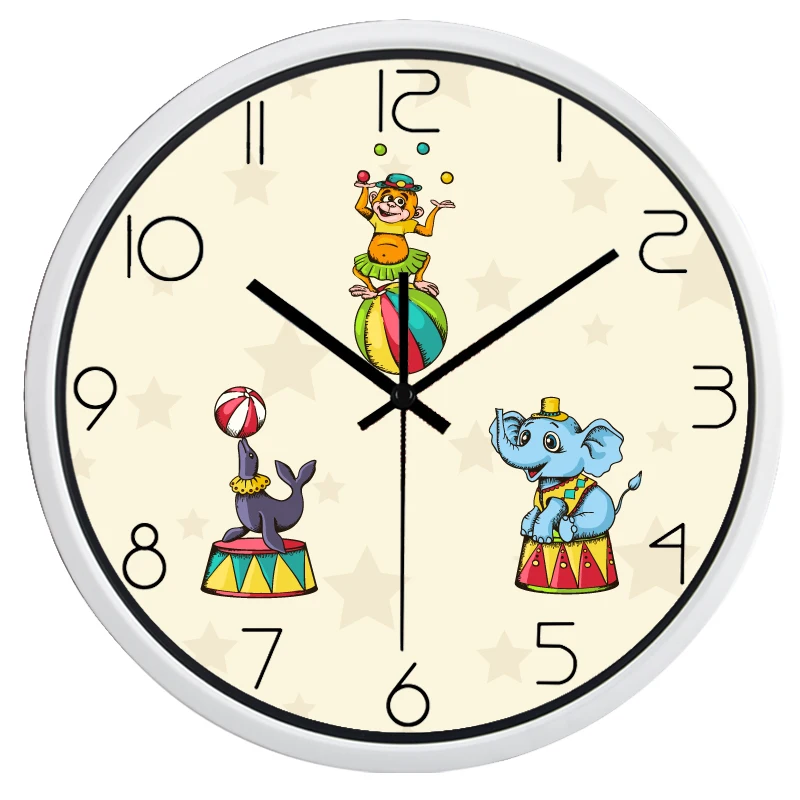 Игривые цирковые настенные часы для детской комнаты со стеклянным корпусом и