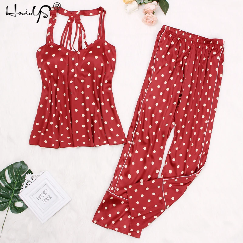 

New Loose Sleepwear Casual Halter Top & Polka Dot Print Pajama Set Summer Sexy Backless Women Sleeveless Nightwear