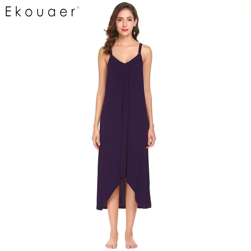 Purple Ekouaer ночная рубашка женская ночная рубашка однотонное платье с неровным подолом Спагетти ремень свободное платье с v-образным вырезом ночная рубашка одежда для сна - Цвет: Purple