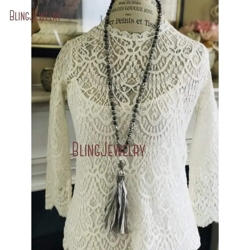 Fun Accessory Black Knot Gems Beads Necklace Shabby BoHo Gray Sari Silk Tassel NM24967 | Украшения и аксессуары