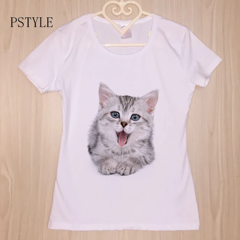PSTYLE Tshirt 2018 Summer Short Sleeve Women T-shirts Kawaii Animal Cat Casual T Shirt Fashion Tops O-Neck Modal | Женская одежда
