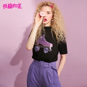 Женский свитер с коротким рукавом ELFSACK, вязаный свитер с круглым вырезом и коротким принтом, 2019