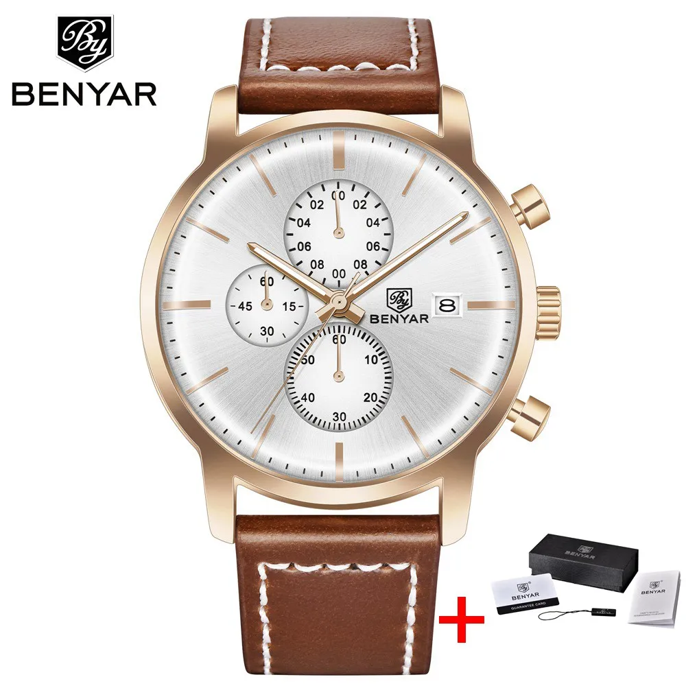 brown white with box BENYAR мужские часы из нержавеющей стали Кварцевые спортивные часы Роскошные водонепроницаемые мужские наручные часы с хронографом для мужчин Relogio Masculino - Цвет: brown white with box