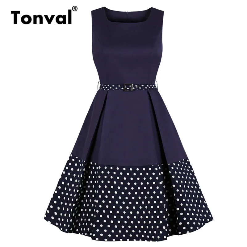 Tonval Navy Blue and Yellow Color-block Vintage Retro Dress Women Belted Slim Fit Pocket Office Ladies Pleated Cotton Dresses | Женская