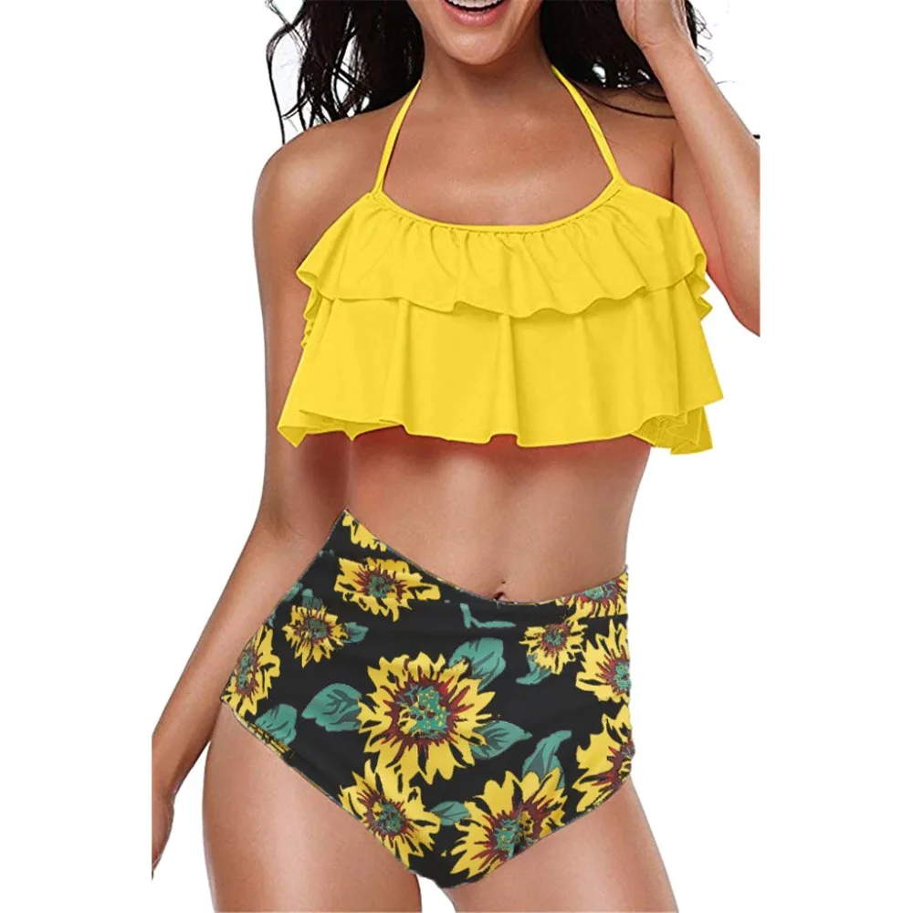 2019 Новый сексуальный спинки комплект бикини на бретельках Винтаж оборками