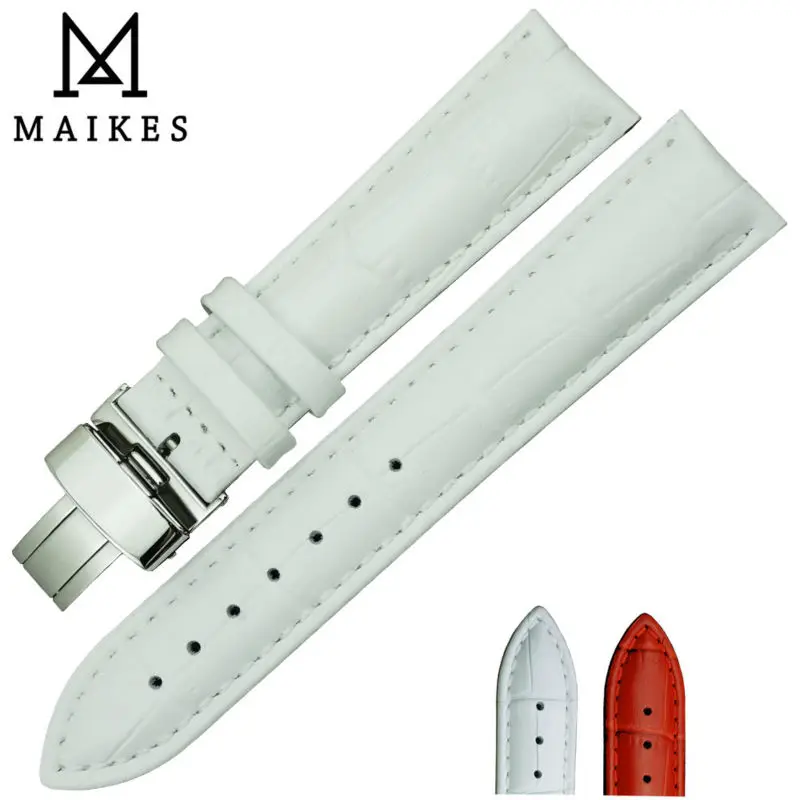 MAIKES Folding Buckle Watch Band 14mm 16mm 18mm 20mm 22mm Red Genuine Calf Leather Watch Strap For Women Quartz Watch